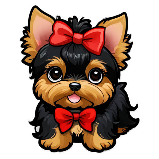 cute and sweet black/brown female yorkie dog, smiling, big black eyes, wearing a red hair bow on top of hair, - icon | sticker