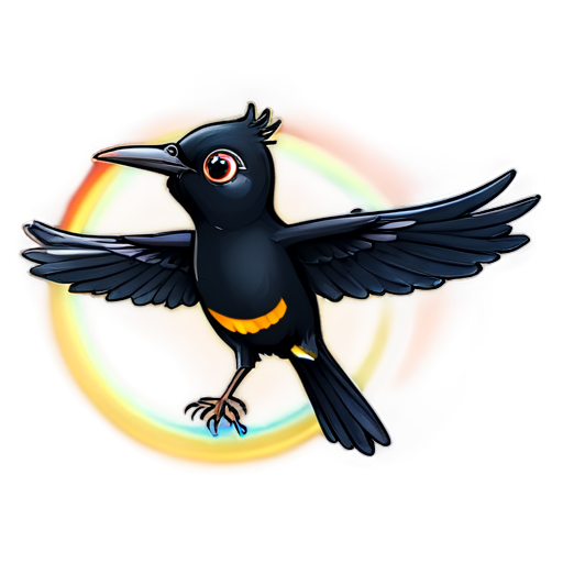 A small black bird with a big rainbow tail flies through the ring. background transparent - icon | sticker