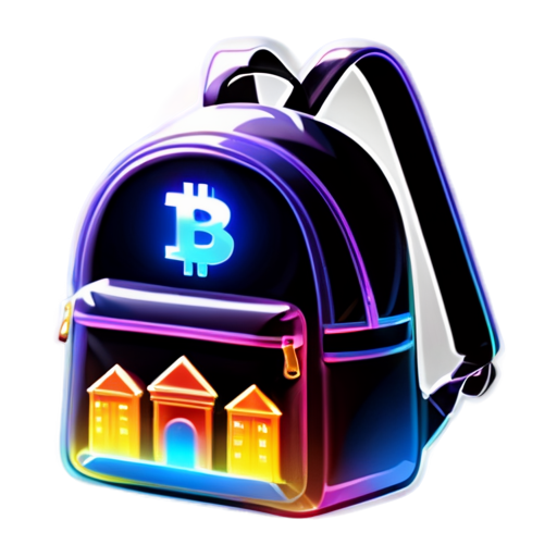 The graphic design of the logo, the backpack against the background of buildings, convey a sense of adventure and challenges, money and cryptocurrencies - icon | sticker