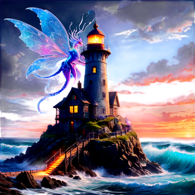 fantasy concept art, whimsical fairy tale elements, drone lightshow of a drakon, surrounded by colorful glowing orbs made of crystal, abandoned lighthouse with waves crashing below, intricate details, ultra sharp, Exquisite detail, flawless composition, vivid colors, masterpiece, - icon | sticker