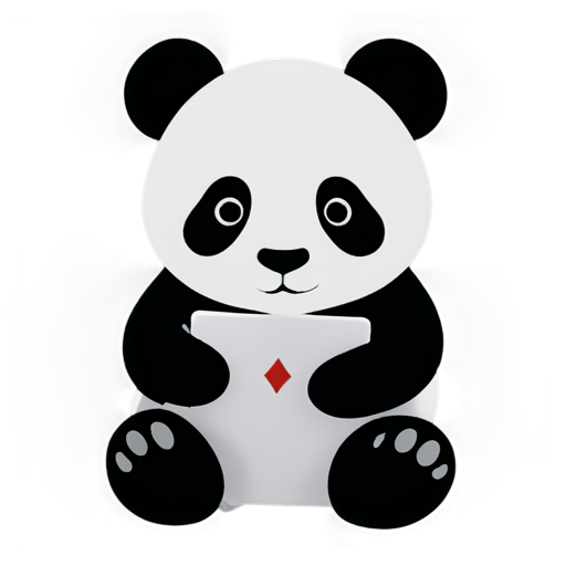 Sitting baby panda holding a deck of cards, black and white, ultra simplistic - icon | sticker