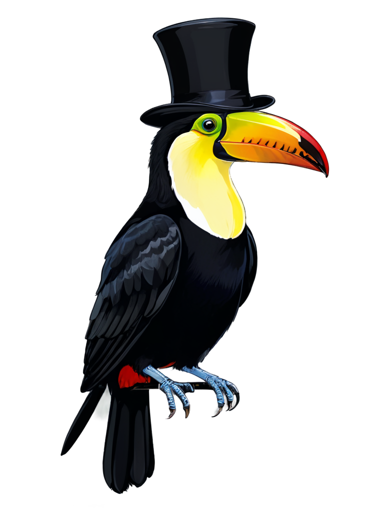 side portrait of sophisticated toucan wearing a suit and a high hat and a monocle, victorian style - icon | sticker