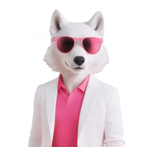 Anthropomorphic white wolf, an anthropomorphic white wolf wearing white and pink gradient Louis Vuitton on-trend fashion outfit, wearing pink sunglasses, at the event of Milan Fashion Week, unreal engine 5, medium shot, highly detailed, ultra-high resolutions, 32K UHD, sharp focus, best quality, masterpiece - icon | sticker