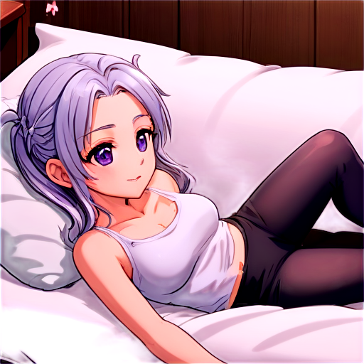 in anime style, day, girl, beautiful, silver-haired, pretty, young, without shoes, on the cosy room, lying on the bad with her back up,feeding with her salt, 2d anime character, white European appearance, young two anime-style characters in a calm and intimate setting. The character in the foreground has long, silver or light purple hair,2 ponytails, pointed elf-like ear. Her eyes are closed, and she appears relaxed. as detailed as possible, wet and dripping in a cozy, dimly lit room. There's a gentle and caring atmosphere between the two characters, - icon | sticker