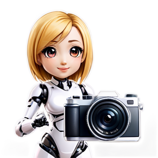 robot-girl, metal face, smilling, nice, Thoughtful assistant with camera - icon | sticker