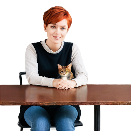 A tiny woman with short red hair, sitting at a table at the pick-up point, looking at me. Cat is sitting at the table. 2D style - icon | sticker