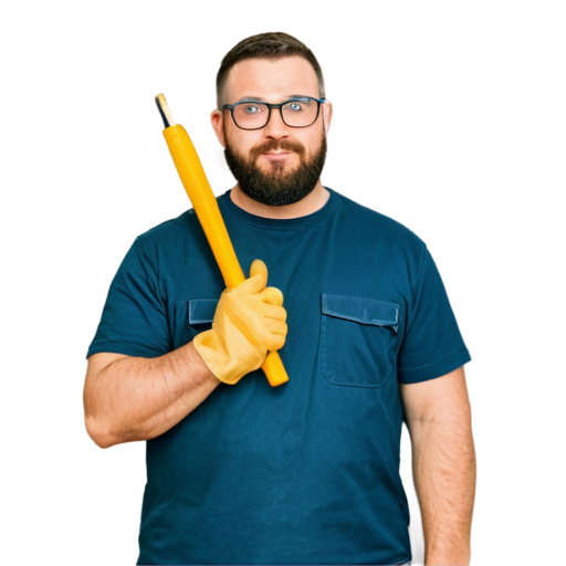A construction worker with glasses and a beard on the background of a crossed screwdriver and brush - icon | sticker