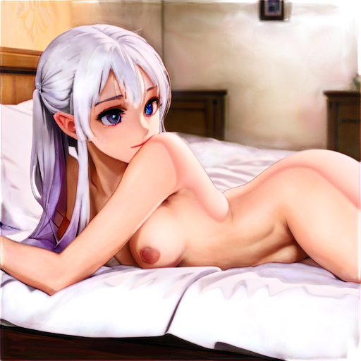 in anime style, day, girl, beautiful, silver-haired, pretty, young, without shoes, on the cosy room, lying on the bad with her back up,feeding with her salt, 2d anime character, white European appearance,young two anime-style characters in a calm and intimate setting. The character in the foreground has long, silver or light purple hair,2 ponytails, pointed elf-like ear. Her eyes are closed, and she appears relaxed. as detailed as possible, wet and dripping in a cozy, dimly lit room. There's a gentle and caring atmosphere between the two characters, - icon | sticker