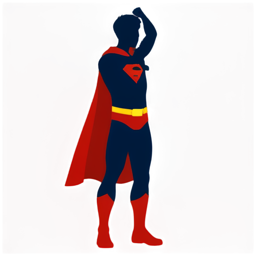 single color silhouette of a superhero boy with a cape, with one fist on his waist and the other fist held high - icon | sticker