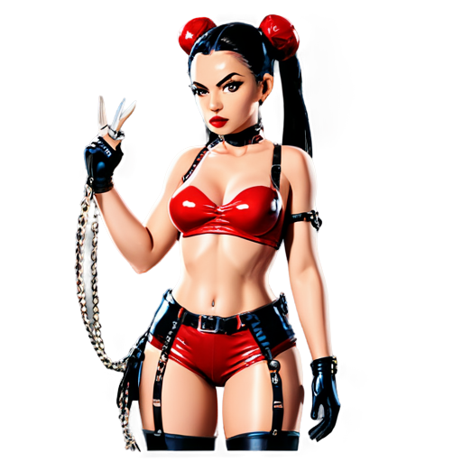 Latex-clad woman with straps and chains, holding a whip and looking at the viewer with a challenge. Her latex outfit shines in the light, and the straps and chains add an aggressive edge to her look. Her hair is pulled back into a high ponytail, and her lips are painted bright red. - icon | sticker