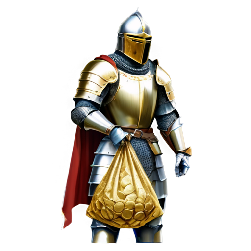 artistic art style medieval knight holding sack of gold coins - icon | sticker