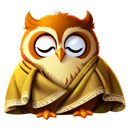 cartoon character - a tiny kind cute fluffy owl chick lies in a children's bed and sleeps with his eyes closed, covered with a blanket. The head is round, the feathers are soft. Side view. Background transparent - icon | sticker