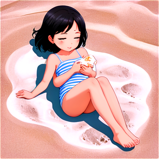 in anime style, 2d anime character, white European appearance, young, day, girl, beautiful, dark-haired, curved, slender, pretty, young, without shoes, on the see, lying on the sand with her back up, heat, white sand, feeding her baby with her salt - icon | sticker