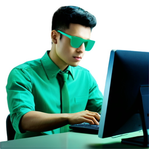 pin 3d human employee is working at a computer in green shades - icon | sticker