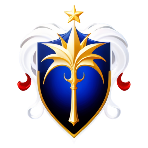 I want my own coat of arms, which is similar to the coat of arms of Gondor, a white tree on a dark blue background, 6 or 7 golden octagonal stars on top, and instead of a crown, a golden Ukrainian trident - icon | sticker