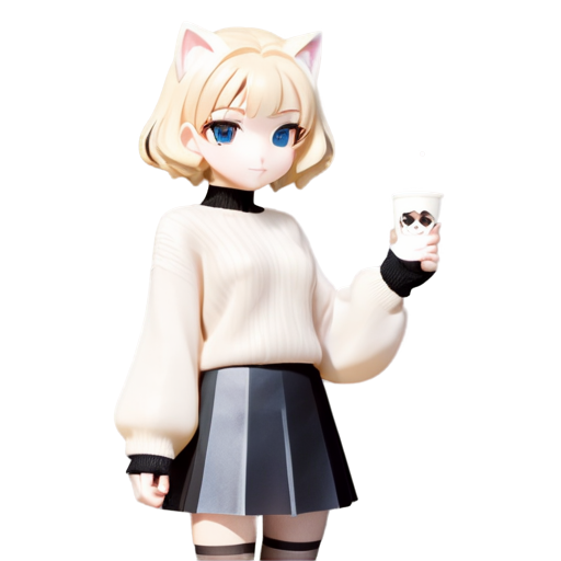 Neco-Arc, anime catwoman, blonde hair, beige sweater, black skirt, mauser in hand - icon | sticker