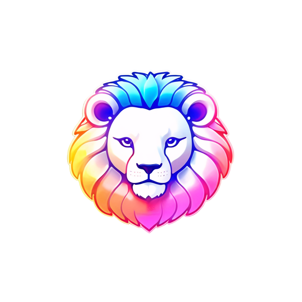 kawaii logos,Lion face, a close-up view of a lion's face outlined in vibrant neon lights against a dark night sky, the neon colors reflecting softly on the lion's fur, making it appear as if the lion is both present and ethereal, Digital art, Water Color - icon | sticker