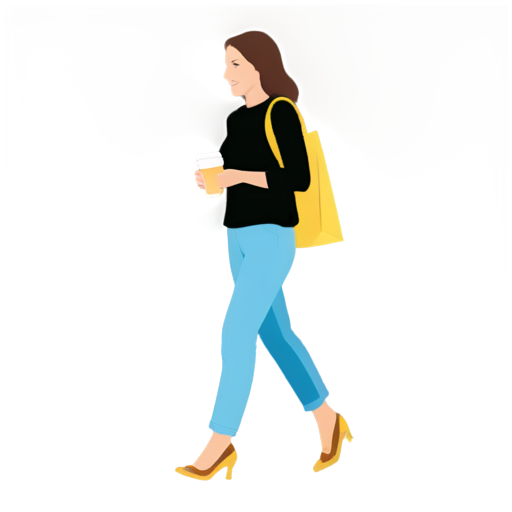 Joyful girl walking down the street after shopping with purchases and coffee in hand - icon | sticker