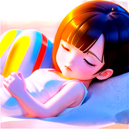 lying on the sand with her back up, heat, white sand, feeding her baby with her salt, in anime style, 2d anime character, white European appearance, young, day, girl, beautiful, dark-haired, curved, slender, pretty, young, without shoes, on the see, - icon | sticker