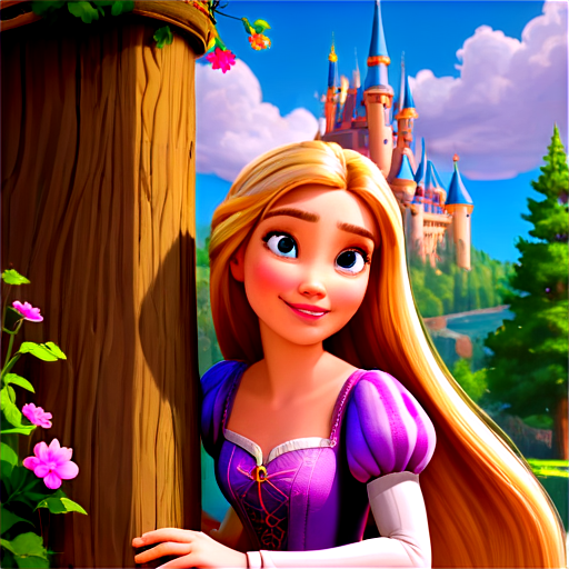 All the cartoon characters ((Rapunzel)) are all in one scene, against the background of trees and magic castle for printing on the cover, the number 40 at the bottom of the page should be typed very finely. The word ((tangled)) should be typed in golden color above the characters' heads with the original font of the original poster, an artistic masterpiece, very realistic. - icon | sticker