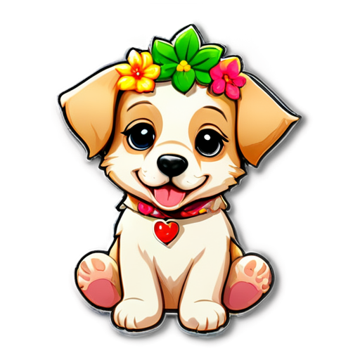 happy puppy with flower on the head - icon | sticker