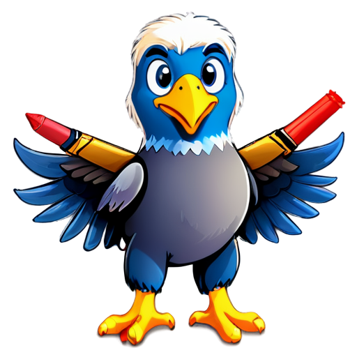 Cute Cartoon Eagle holding red, blue, and yellow crayons with label crayola, Ideal for children content, animations, and educational materials - icon | sticker