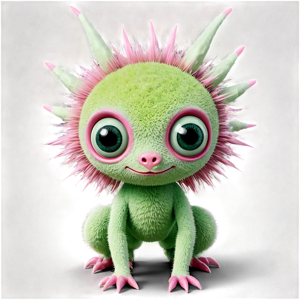 Whimsical creature, oversized cartoonish eyes, fuzzy body. Pale green skin, pink flower-like antennae. Tiny legs, webbed feet. Spikes around eyes, spotted texture. Hyper-detailed 3D render, Cute and bizarre, Studio Ghibli style - icon | sticker