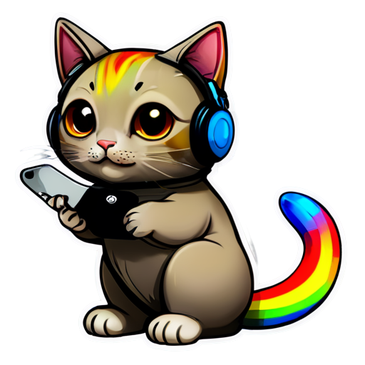 rainbow cat with headphones while holding mobile phone - icon | sticker