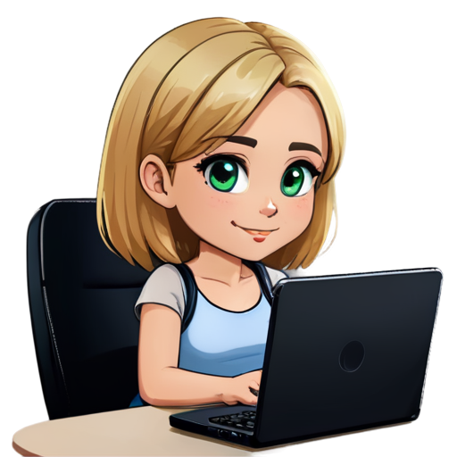 A blonde girl with shoulder-length hair sits at a personal computer hp wearing braces on her teeth. - icon | sticker