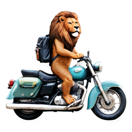 Traveling Lion with bagpack and riding a motorcycle - icon | sticker